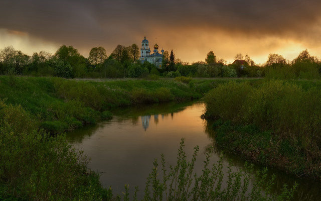 River forest church evening magic free wallpaper - medium preview image