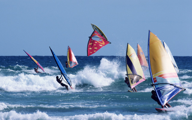 Sailboarders wave ocean sails wind free wallpaper - medium preview image