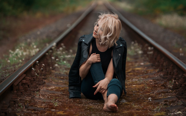 Woman sitting train track blonde free wallpaper - medium preview image
