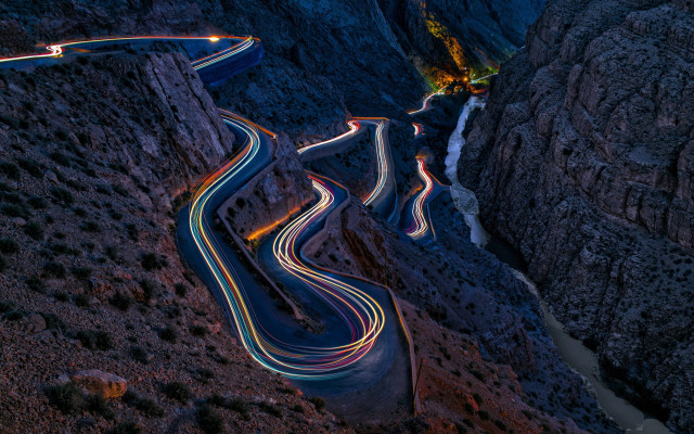 Winding road lights mountains night #2 free wallpaper - medium preview image