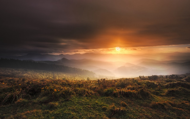 Sunset field clouds mountains ocean free wallpaper - medium preview image