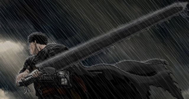 Man holding sword rain sky free wallpaper - medium preview image