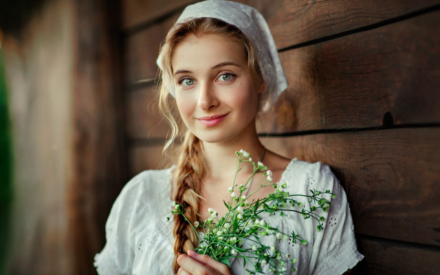 Woman white dress plant smile free wallpaper - medium preview image