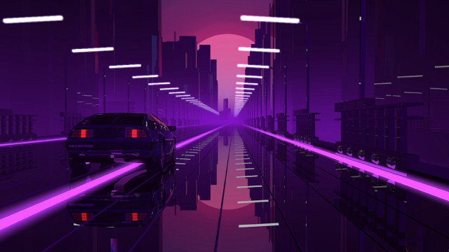 Car neon cityscape retrofuturism synthwave free wallpaper - medium preview image