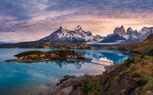 Mountain lake bridge cityscape sunset free wallpaper - medium preview image