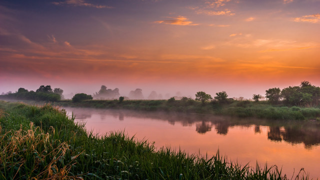 River trees grass sunset fog free wallpaper - medium preview image