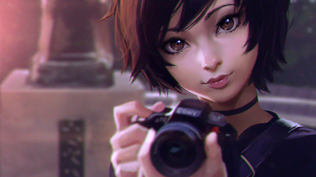 Woman camera statue gun blurry free wallpaper - medium preview image