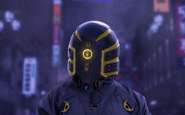 Futuristic helmet blue jacket cyberpunk free wallpaper - medium preview image