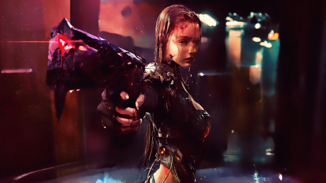 Man gun futuristic redlight cyberpunk free wallpaper - medium preview image