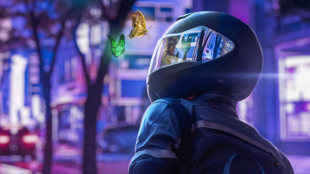 Cyberpunk city blur neon butterfly free wallpaper - medium preview image