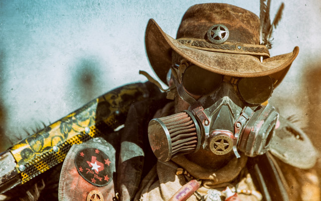 Man gasmask hat feather pipe free wallpaper - medium preview image