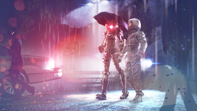 Humanoids rain umbrella retrofuturism concept free wallpaper - medium preview image