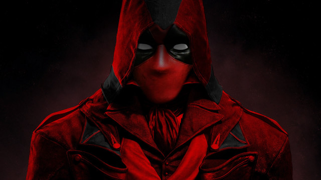 Red hooded man black mask free wallpaper - medium preview image