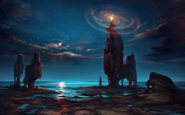 Man rock formation ocean moon free wallpaper - medium preview image