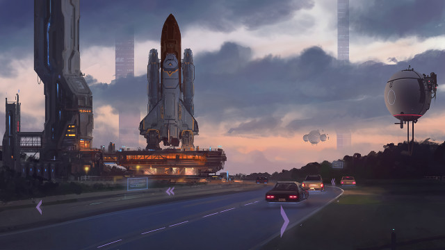Futuristic city rocket ship car free wallpaper - medium preview image