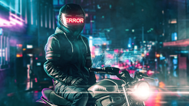 Man motorcycle cyberpunk neon city free wallpaper - medium preview image