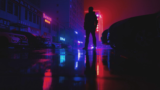 Man street night neon cyberpunk free wallpaper - medium preview image