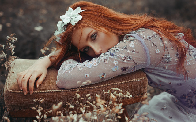 Red haired woman sitting flower free wallpaper - medium preview image