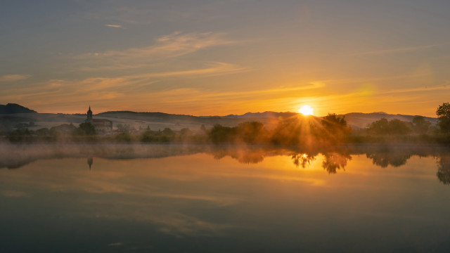 Lake sunset fog trees mountains free wallpaper - medium preview image
