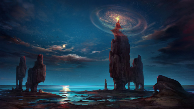 Man standing rock ocean night free wallpaper - medium preview image