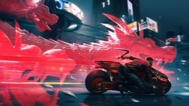 Man motorcycle cyberpunk red dragon free wallpaper - medium preview image