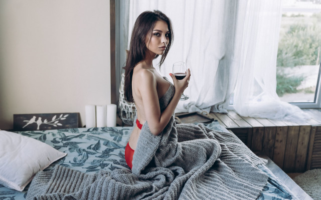 Woman red dress wine bed free wallpaper - medium preview image
