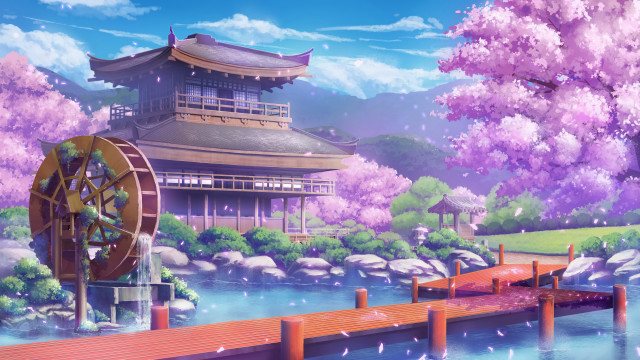 Water wheel bridge park cherry free wallpaper - medium preview image