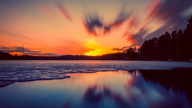 Sunset lake clouds trees impressionist free wallpaper - medium preview image