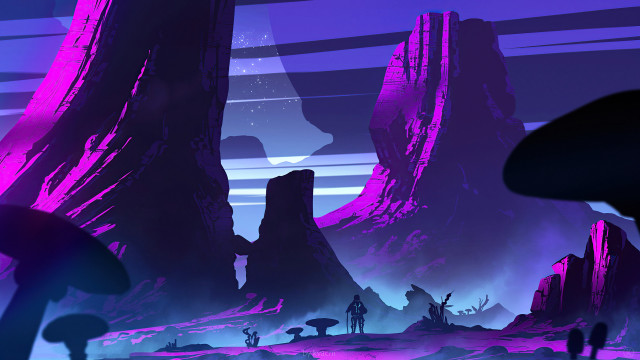 Futuristic purple landscape mountains man free wallpaper - medium preview image