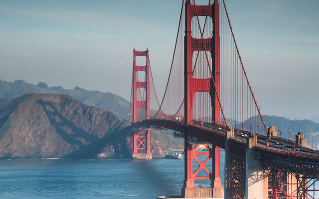 Bridge water mountain boat scenery free wallpaper - medium preview image
