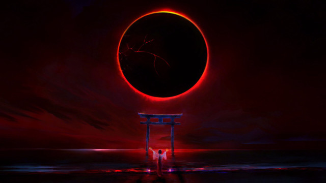 Red moon beach night torii free wallpaper - medium preview image