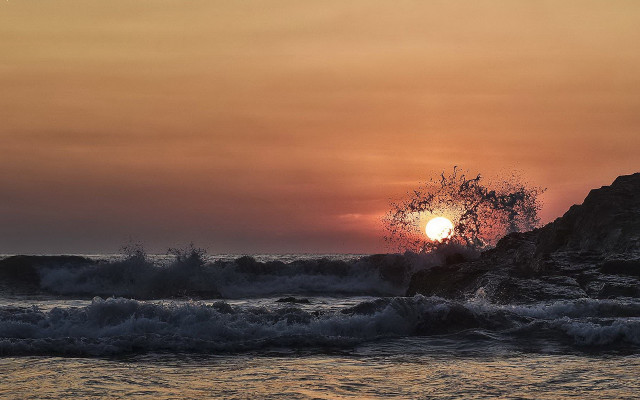 Sunset ocean waves rocks tree free wallpaper - medium preview image