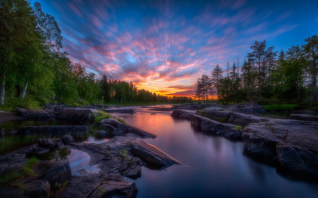 River rocks trees sunset clouds free wallpaper - medium preview image