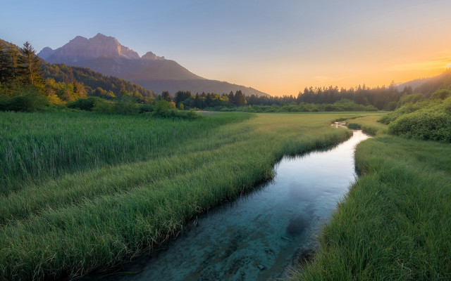 River green field mountain sunset free wallpaper - medium preview image