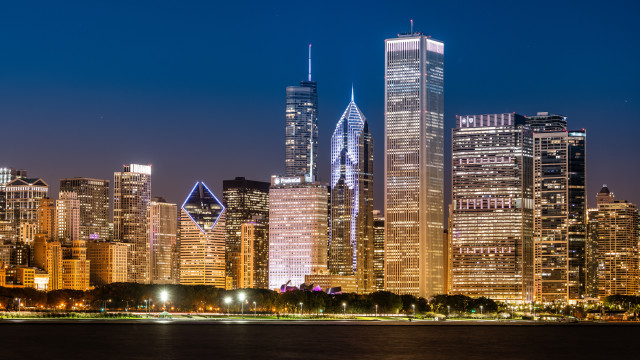 City skyline night skyscrapers reflections free wallpaper - medium preview image