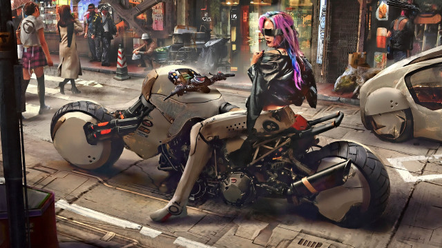 Woman motorcycle city street cyberpunk free wallpaper - medium preview image