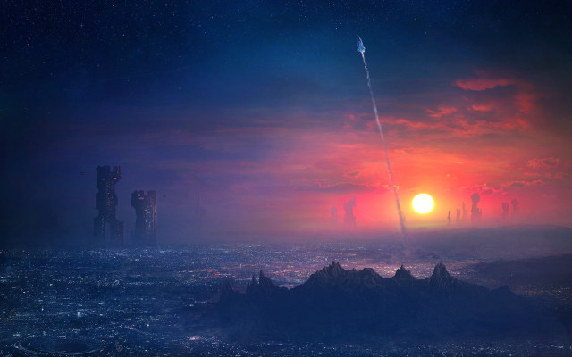 Sunset rocket cityscape aurora moon free wallpaper - medium preview image