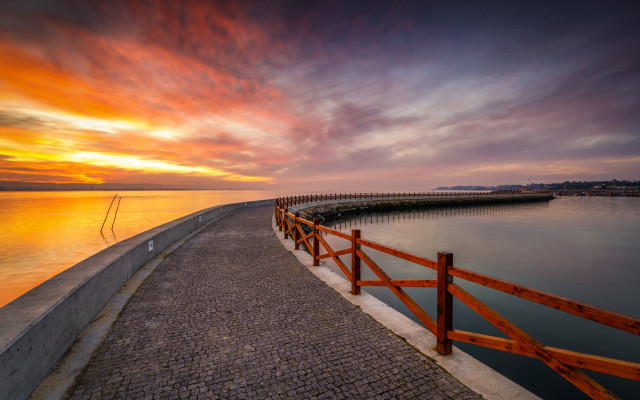 Sunset water fence pier city free wallpaper - medium preview image
