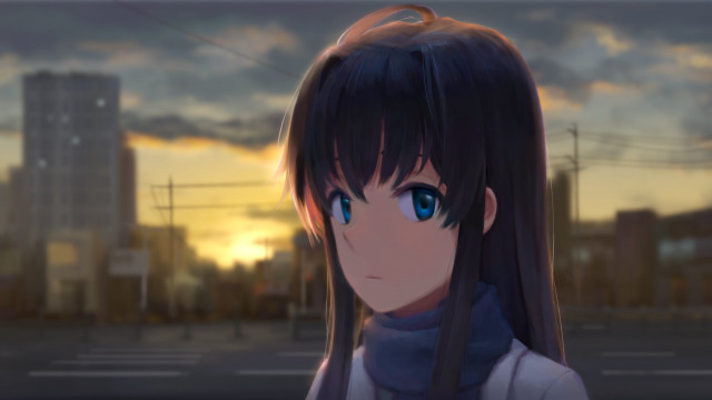 Girl blue eyes sunset cityscape free wallpaper - medium preview image