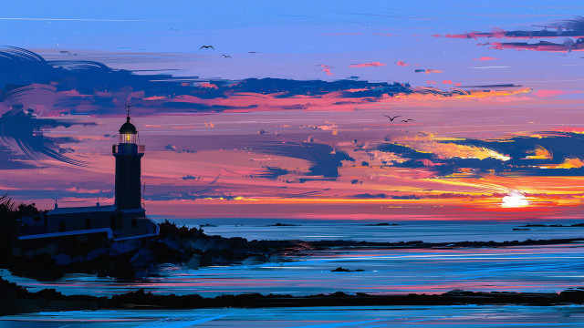 Lighthouse sunset bird beach ocean free wallpaper - medium preview image