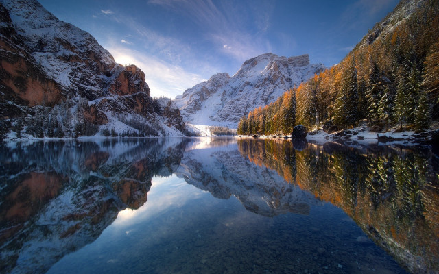 Mountain lake snowy mountains forest free wallpaper - medium preview image