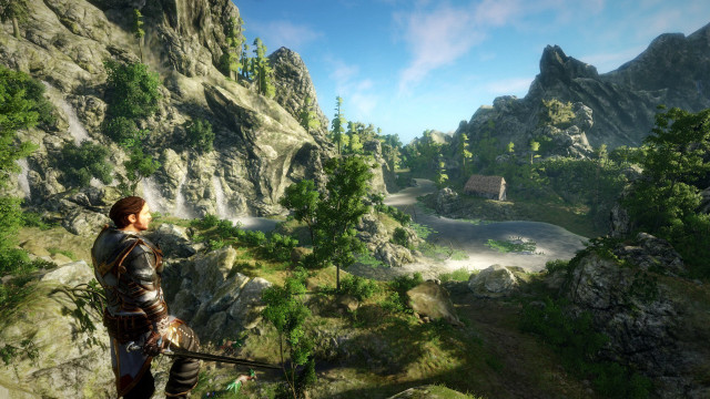 Man mountain valley waterfall house free wallpaper - medium preview image
