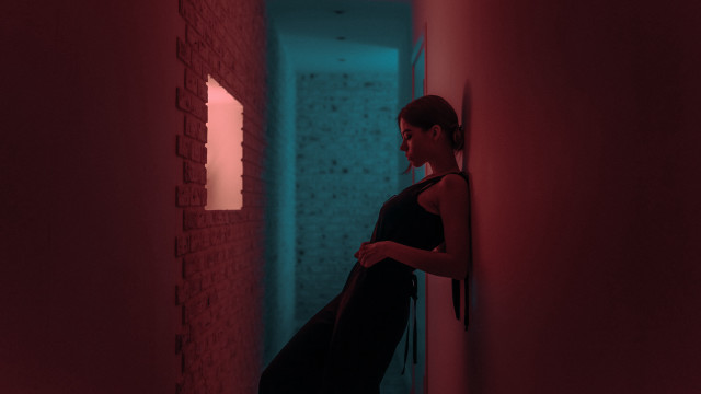 Woman hallway redlight brickwall dimlight free wallpaper - medium preview image
