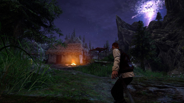 Man standing fireplace forest night free wallpaper - medium preview image
