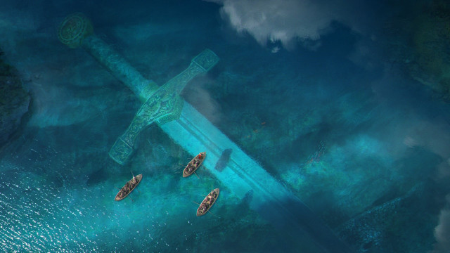 Fantasy plane over water aurora free wallpaper - medium preview image