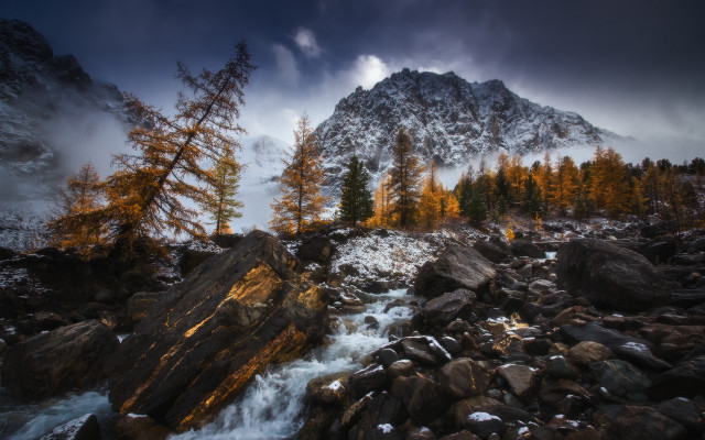 Mountain stream forests autumn leaves free wallpaper - medium preview image