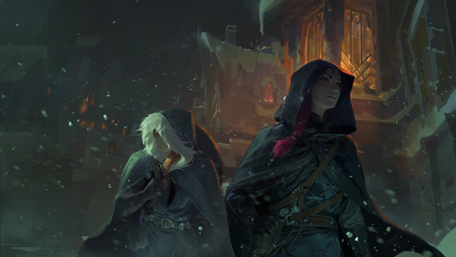 Snowy city hooded figures glowing free wallpaper - medium preview image