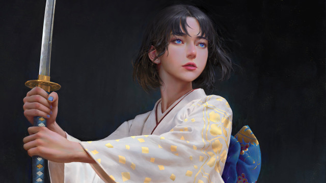 Woman sword kimono blue eyes free wallpaper - medium preview image