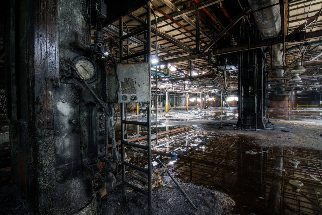 Industrial building clock pipes wires free wallpaper - medium preview image