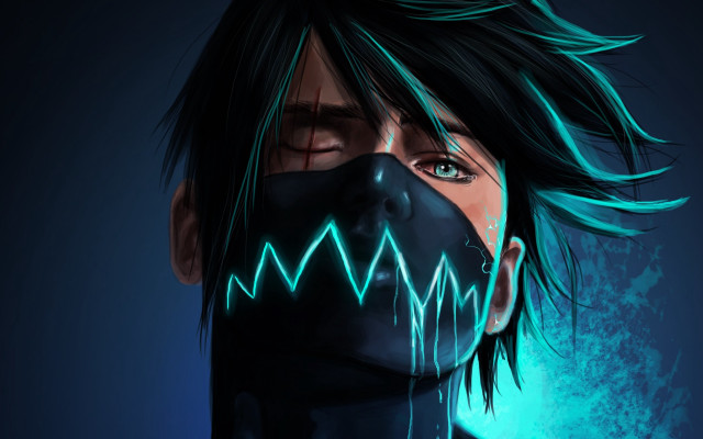 Man blackmask bluebackground greenlight multicoloredhair free wallpaper - medium preview image
